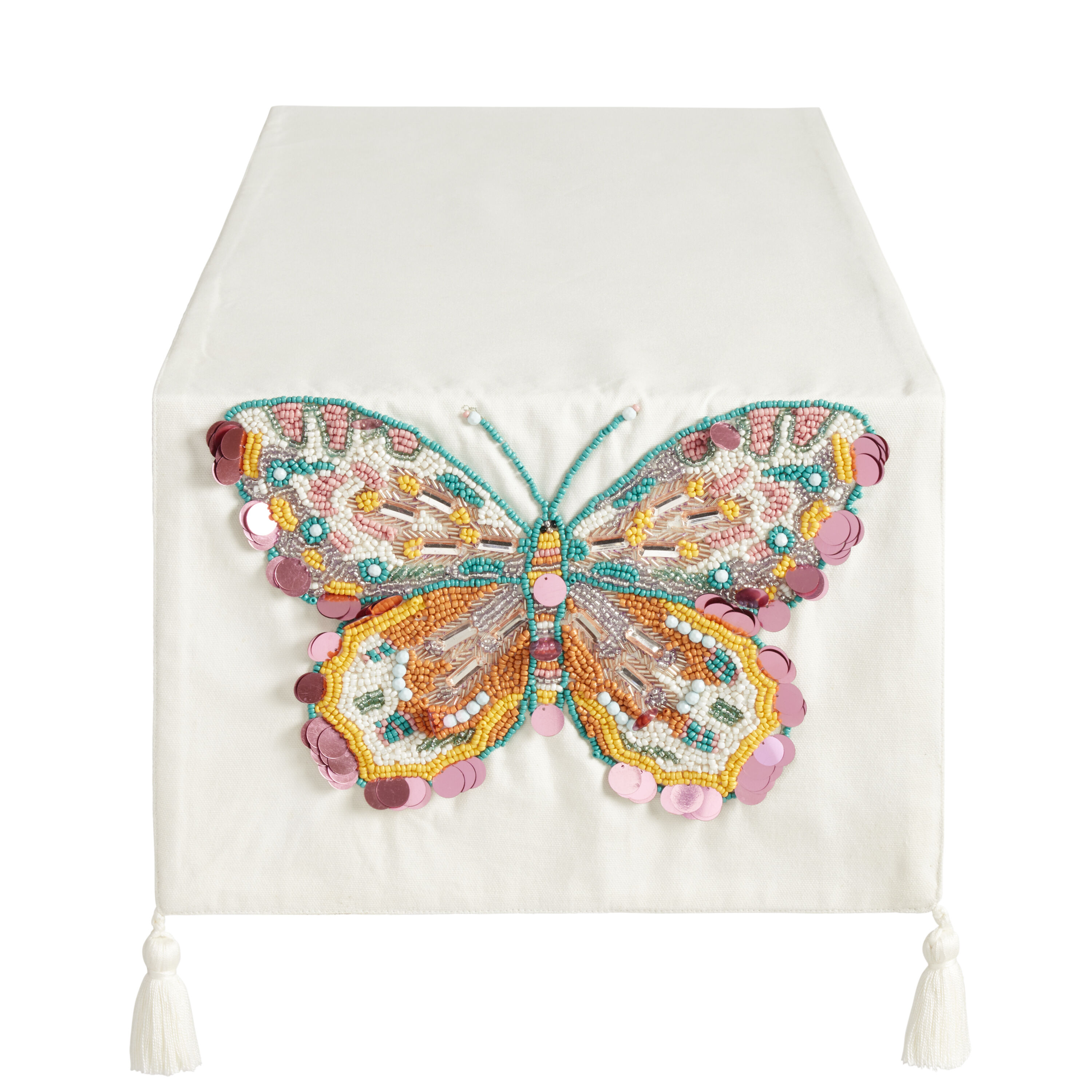 Oatmeal Embroidered Butterfly Beaded Table Runner image number 0