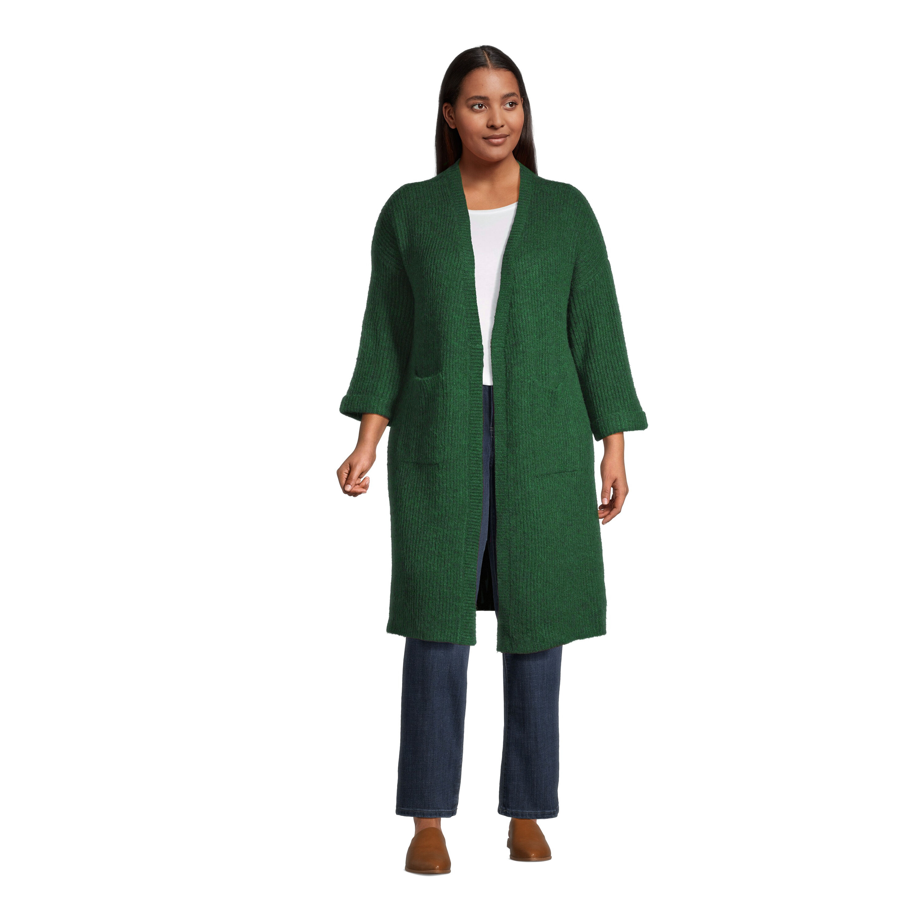 Eloise Pine Green Recycled Yarn Open Front Sweater with Pockets image number 0