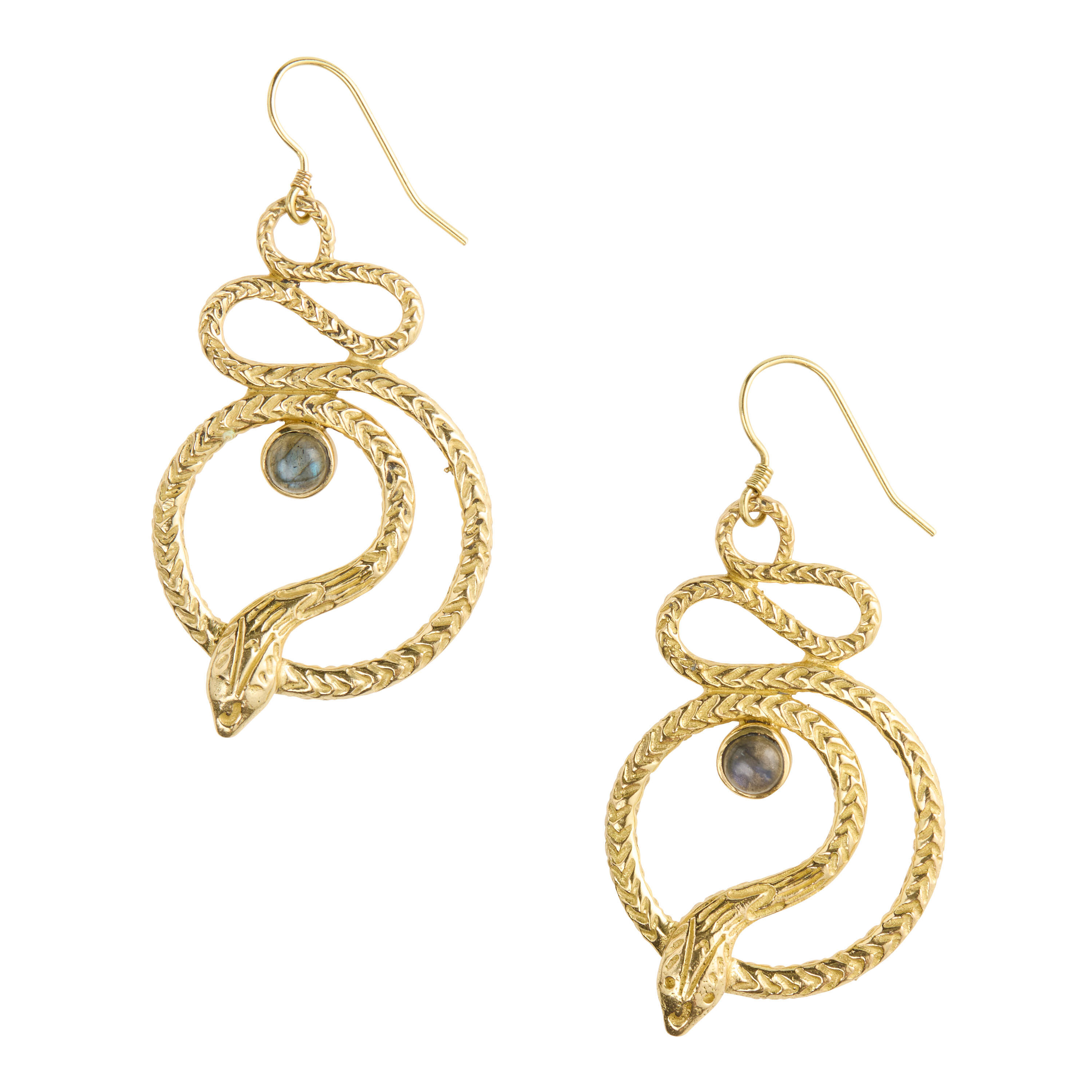 Gold and Semiprecious Labradorite Snake Drop Earrings