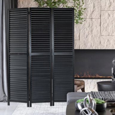 Black Bamboo and Wood Shutter 3 Panel Folding Screen Black Bamboo and Wood Shutter 3 Panel Folding Screen