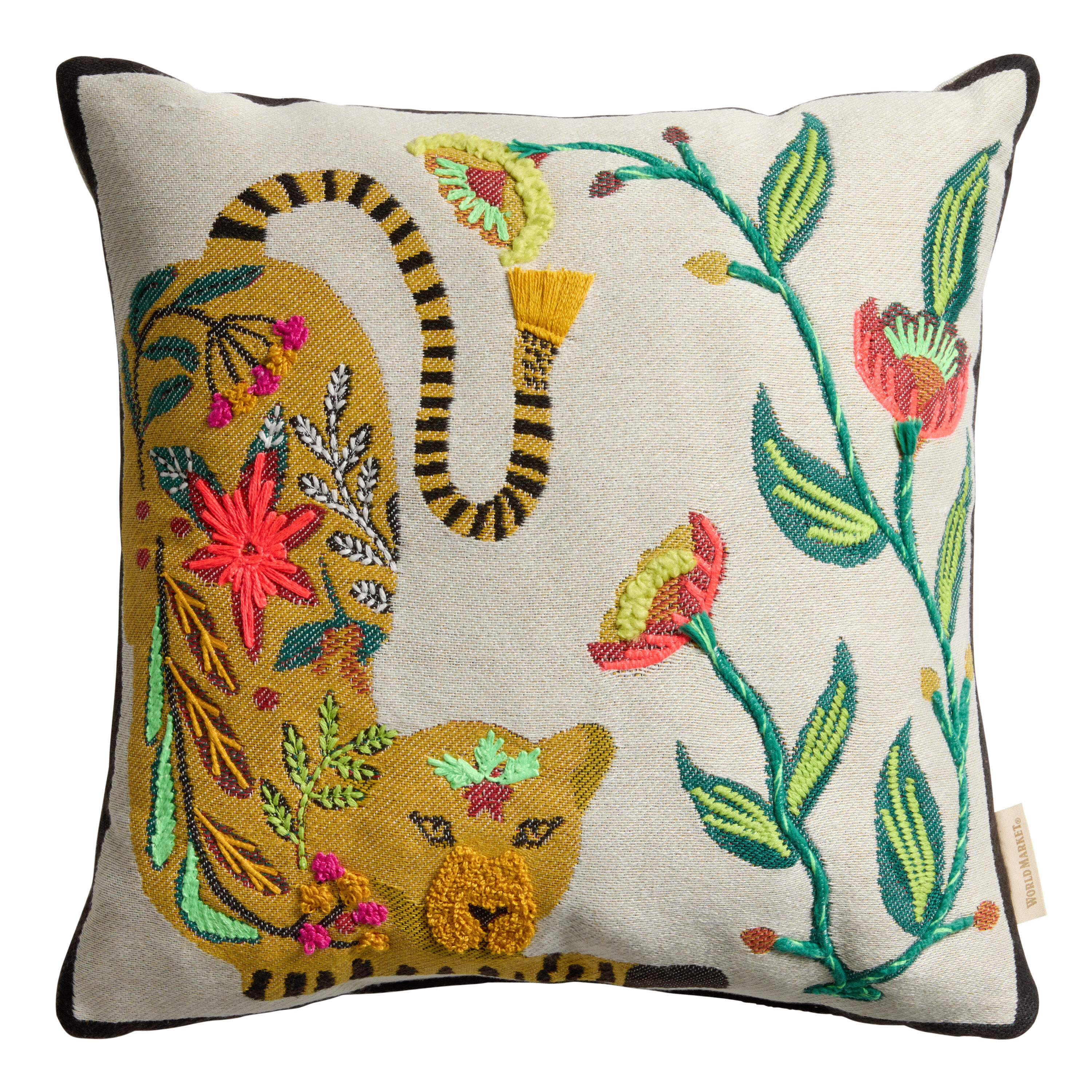 Ivory Leopard Floral Embroidered Indoor Outdoor Throw Pillow image number 0