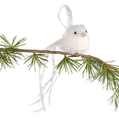 Glittered White Bird with Tail Ornament Glittered White Bird with Tail Ornament