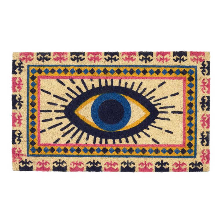Yellow and Blue Evil Eye Coir Doormat image number 1