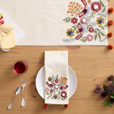 Oatmeal and Purple Scandi Floral Bird Table Linen Collection Oatmeal and Purple Scandi Floral Bird Table Linen Collection