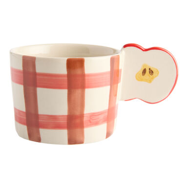 Red and White Plaid Hand Painted Apple Handle Ceramic Mug Red and White Plaid Hand Painted Apple Handle Ceramic Mug