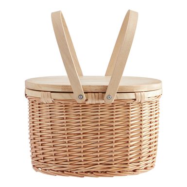 Natural Wicker and Pine Wood Insulated Picnic Basket Natural Wicker and Pine Wood Insulated Picnic Basket