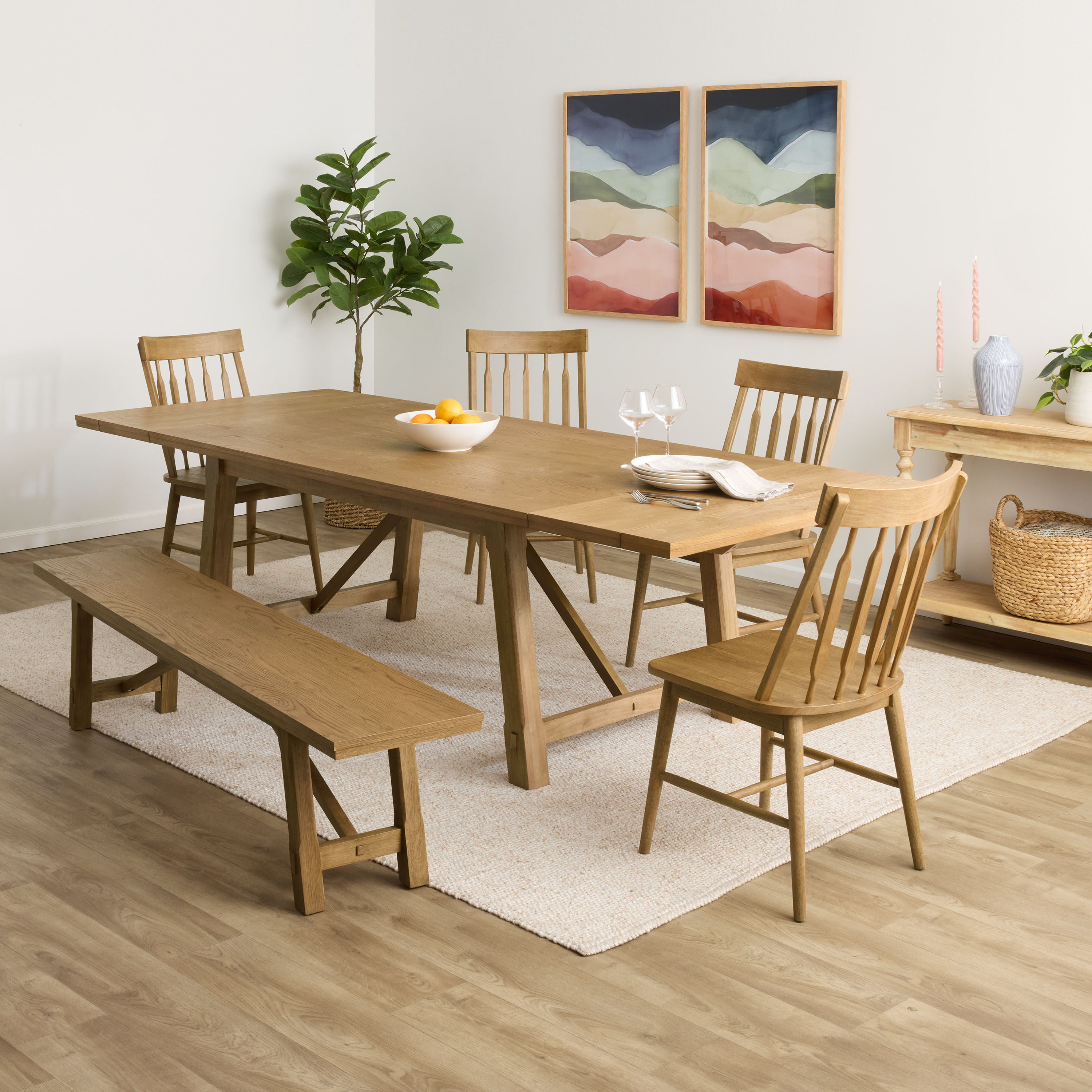 Emerson Brushed Golden Oak Farmhouse Dining Bench image number 1