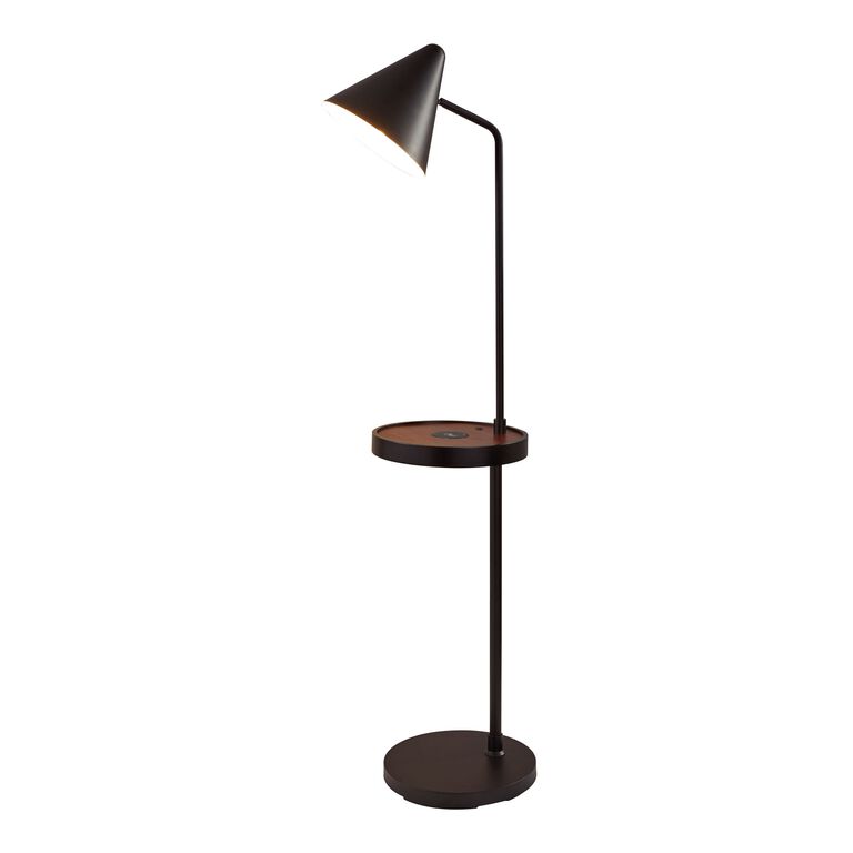 Black Wood Floor Lamp With Circular Usb Charging Station Shelf Black Wood Floor Lamp With Circular Usb Charging Station Shelf
