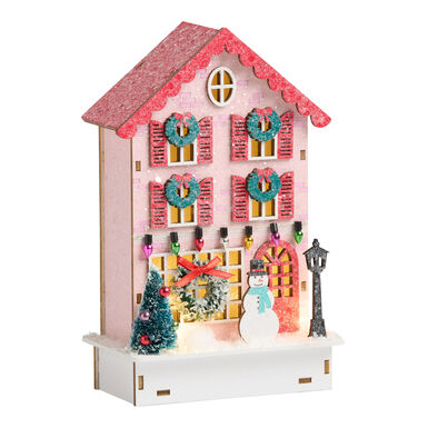 Pink Laser Cut Wood Vintage Townhouse LED Light Up Decor Pink Laser Cut Wood Vintage Townhouse LED Light Up Decor