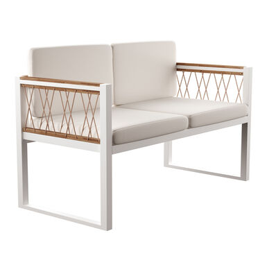 Caguas Acacia Wood and White Metal Outdoor Loveseat Caguas Acacia Wood and White Metal Outdoor Loveseat