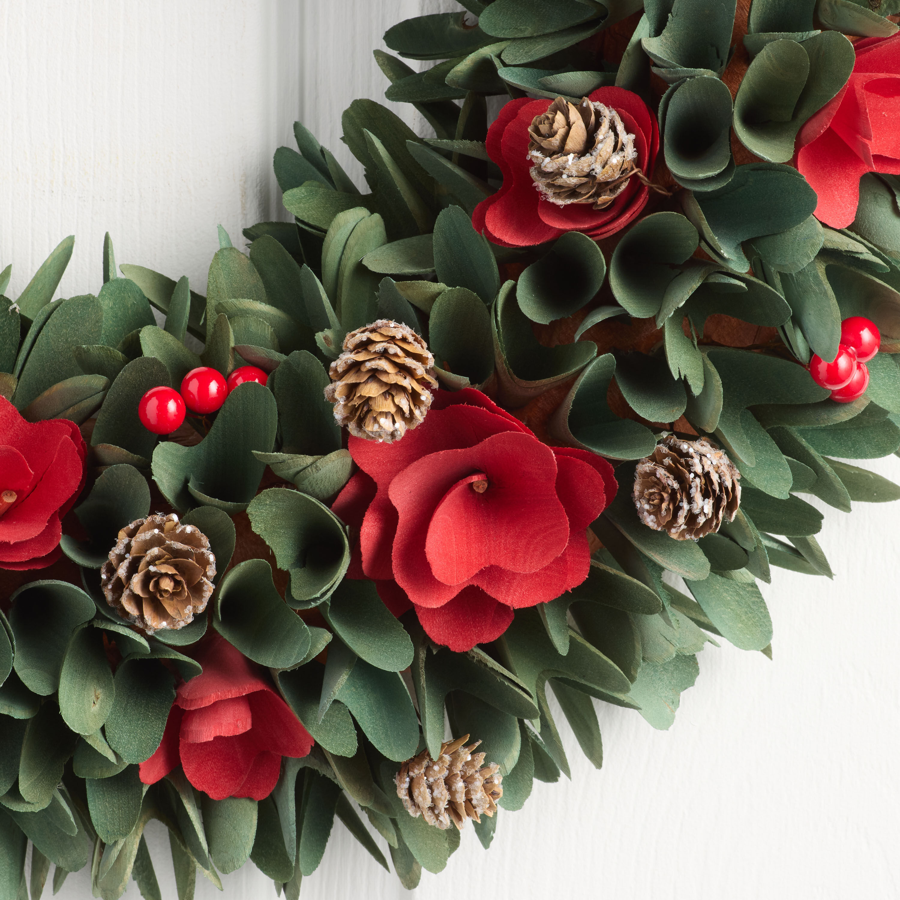 Red and Green Wood Curl Flowers with Pinecones Wreath image number 1