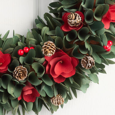 Red and Green Wood Curl Flowers with Pinecones Wreath Red and Green Wood Curl Flowers with Pinecones Wreath