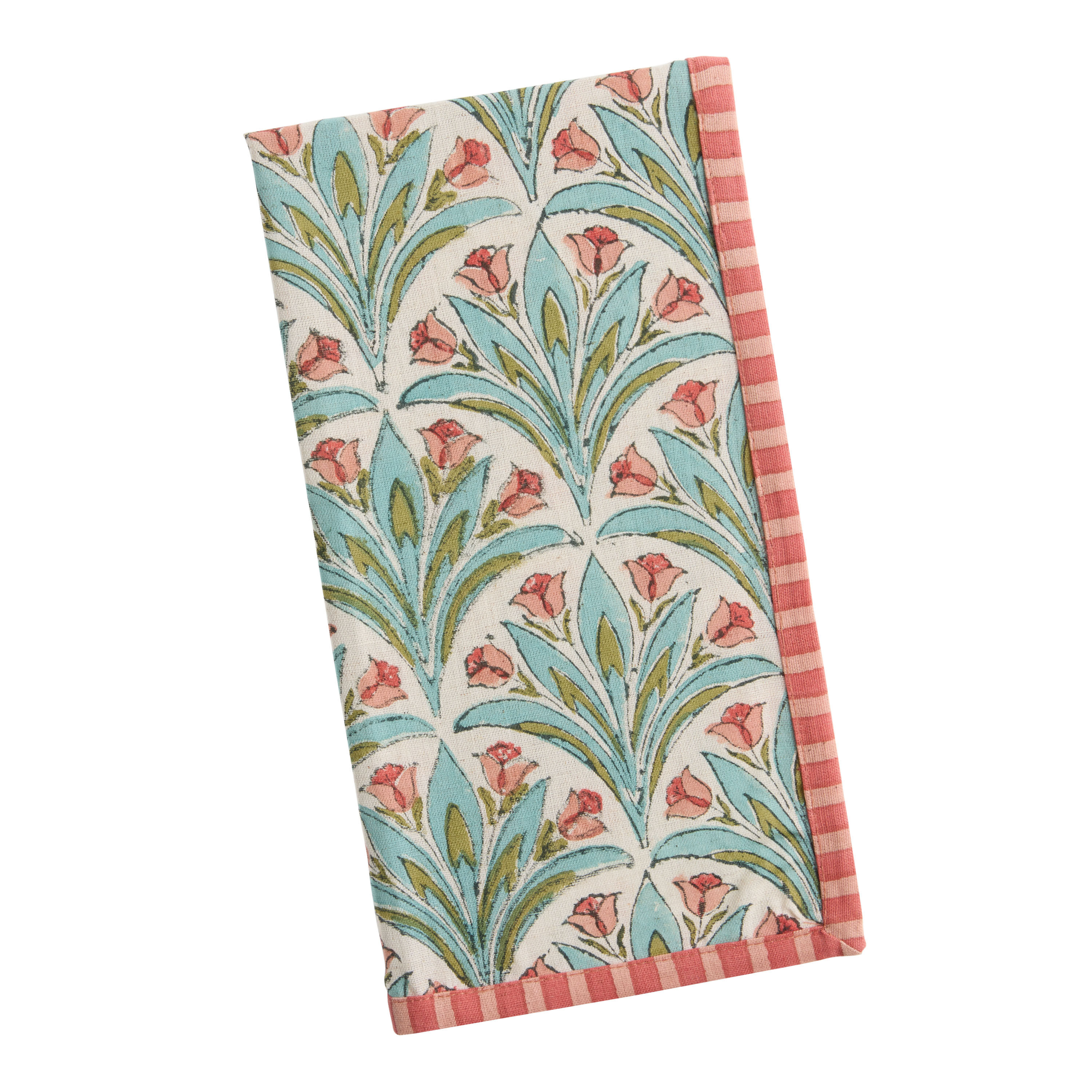 Coral and Green Fanning Floral Stripe Block Print Napkin