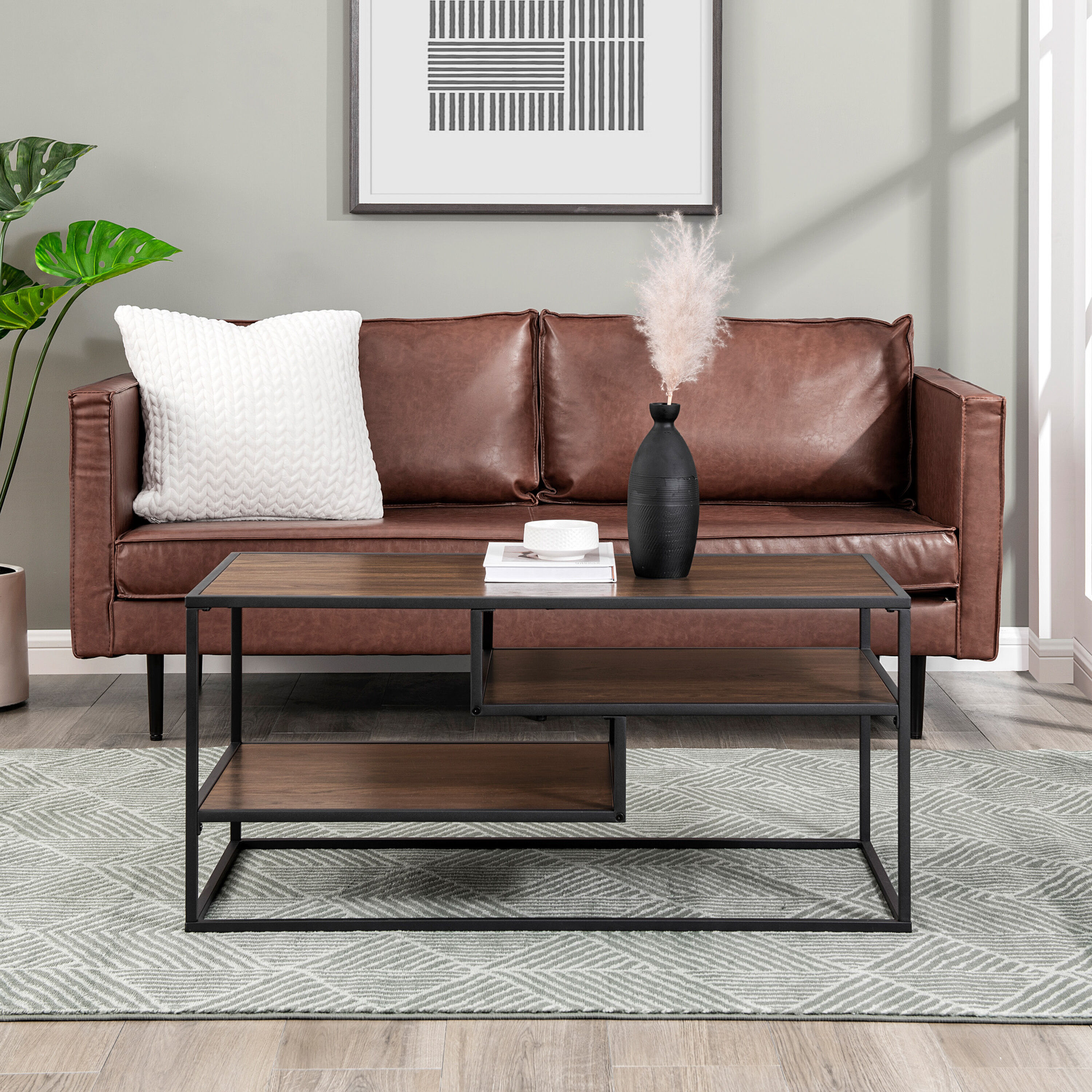 Lyon Wood and Black Steel Coffee Table with Shelves image number 1