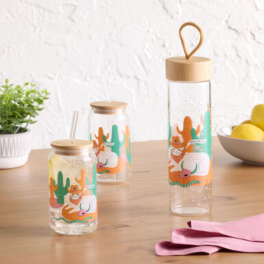 Cowboy Cat Glass Water Bottle with Lid Cowboy Cat Glass Water Bottle with Lid