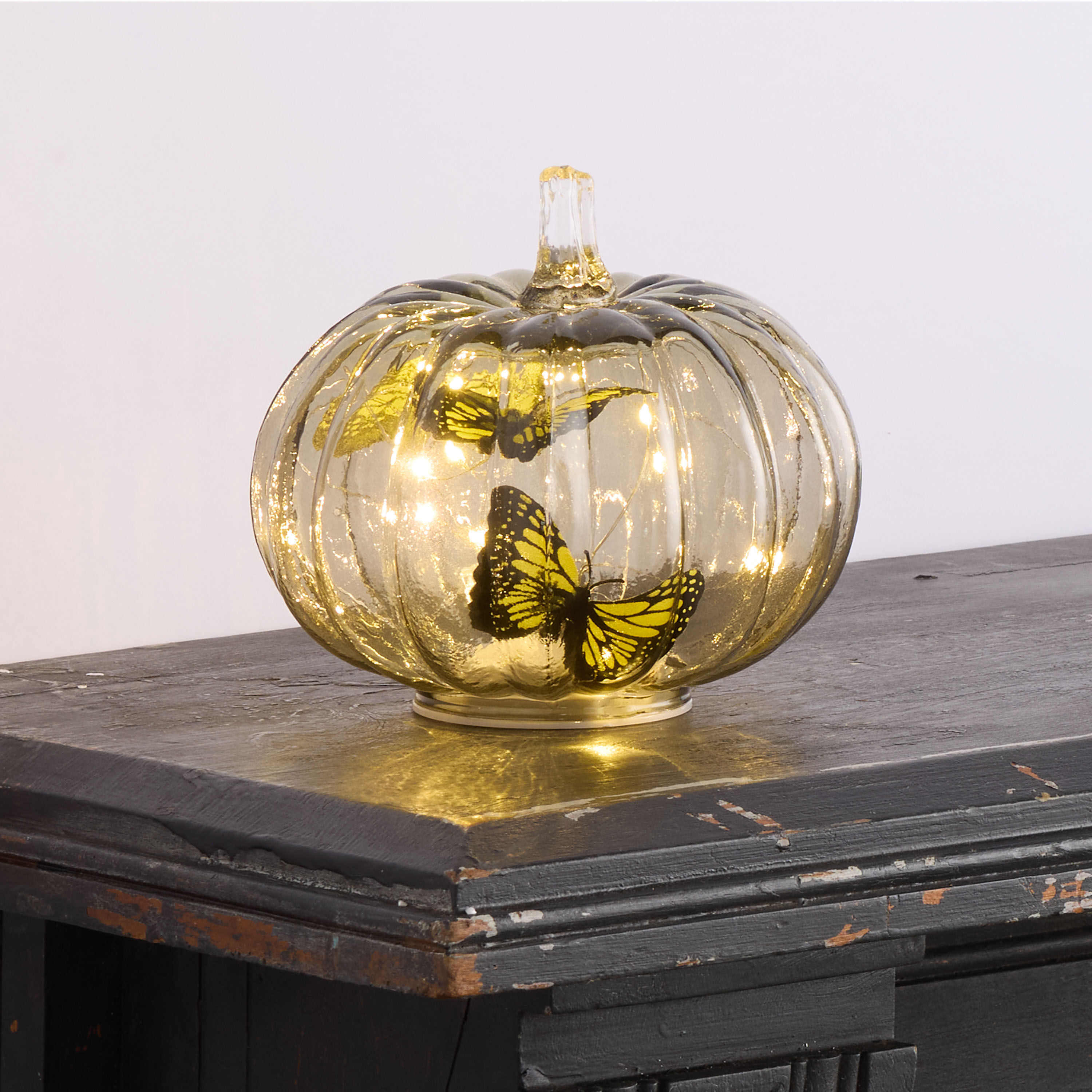 Smoky Glass Pumpkin with Butterflies LED Light Up Decor image number 0
