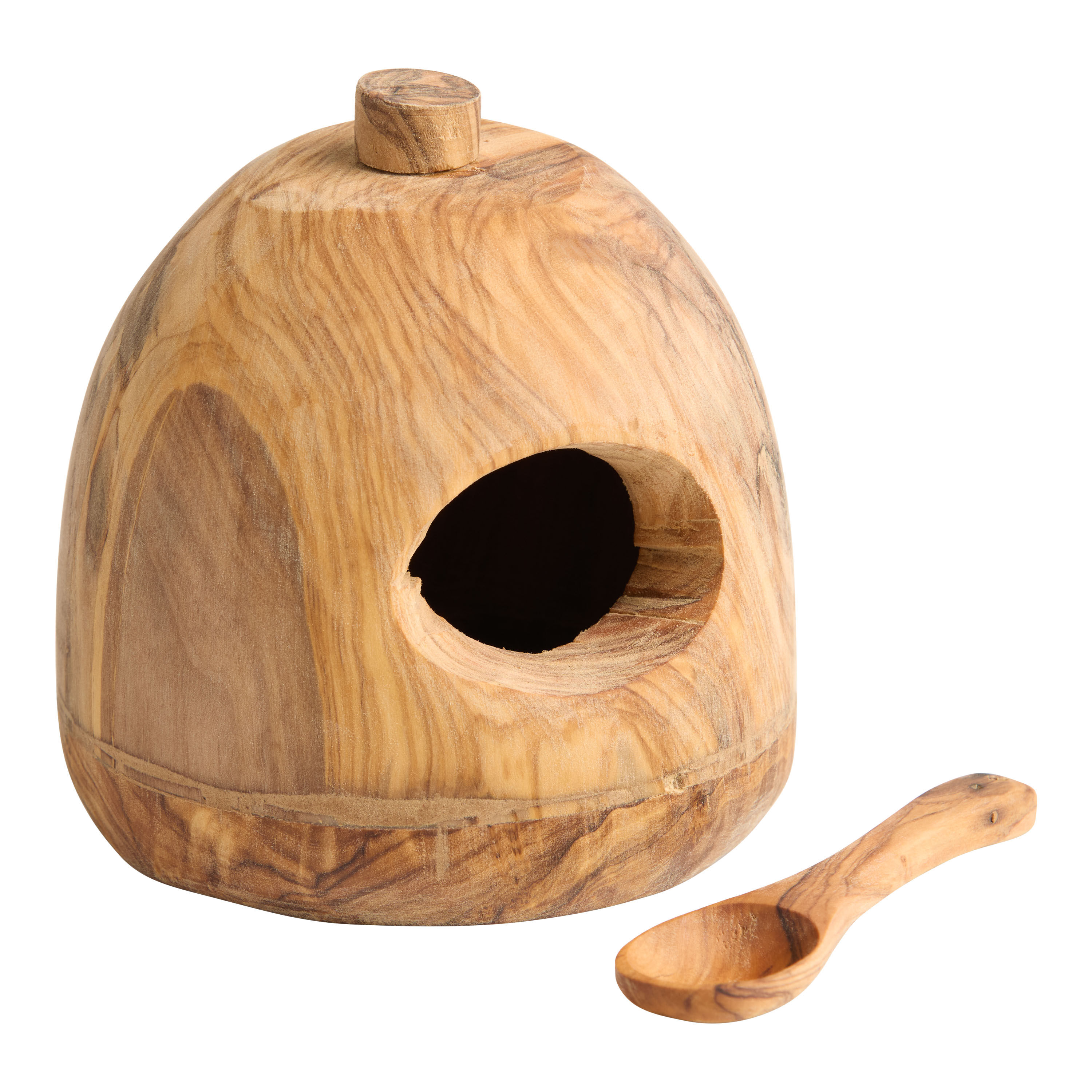 Natural Handmade Olive Wood Salt Cellar with Spoon image number 0