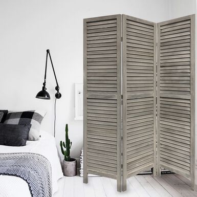 Distressed Gray Bamboo and Wood Shutter 3 Panel Folding Screen Distressed Gray Bamboo and Wood Shutter 3 Panel Folding Screen