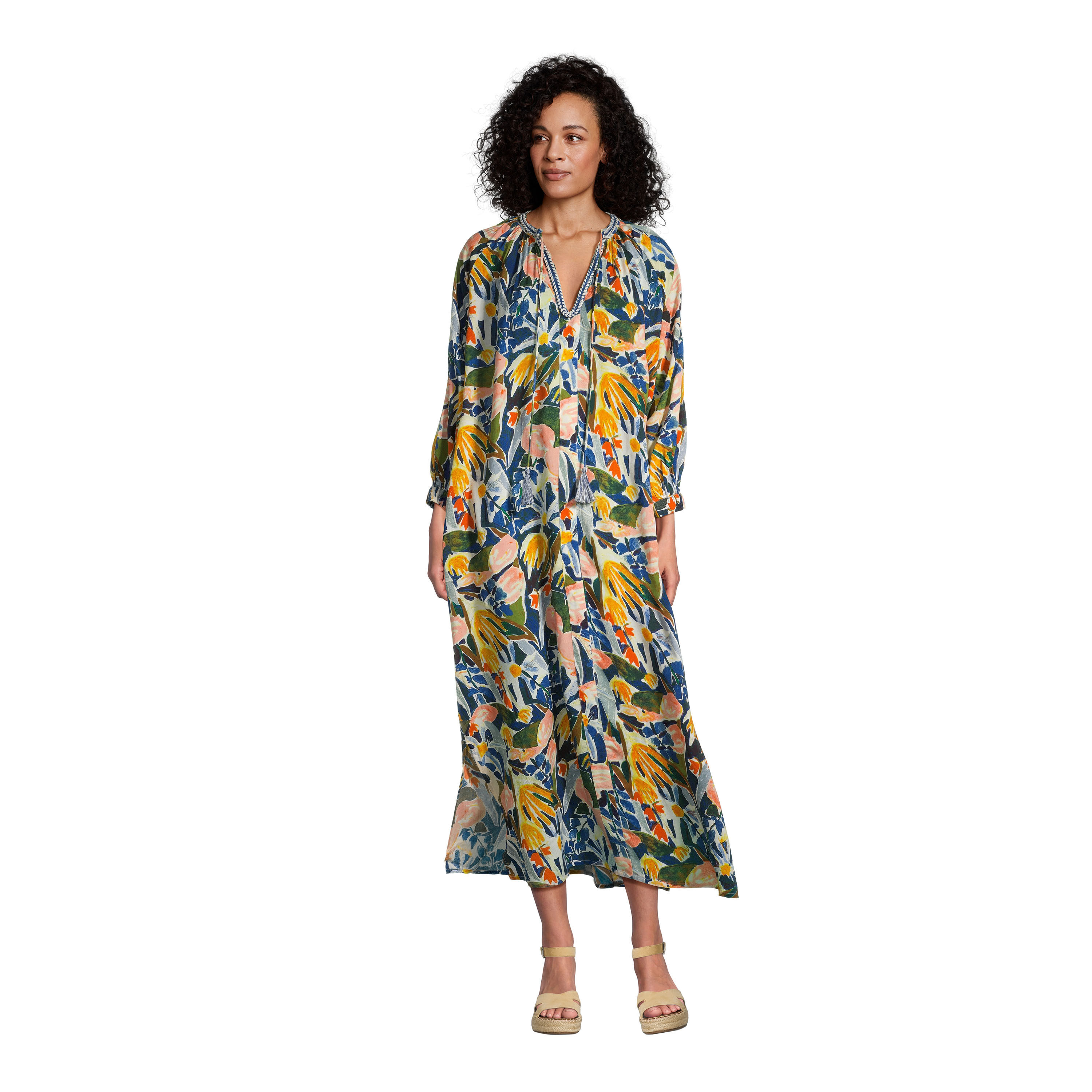 Multicolor Abstract Tropical Floral Embroidered Dress