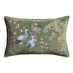 Sage Green Velvet Crane Embroidered Lumbar Pillow