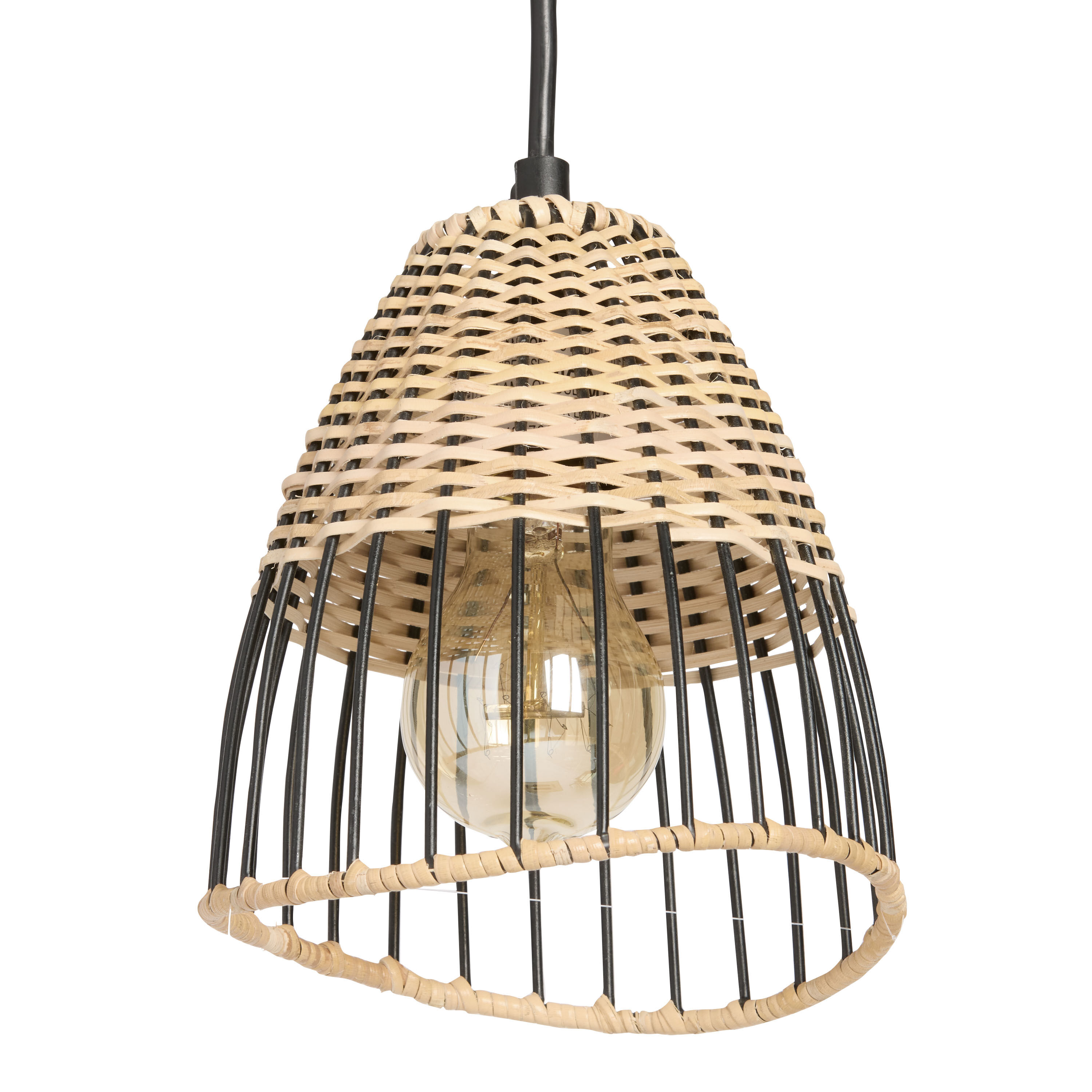 Natural Woven Rattan and Black Metal Organic Pendant Lamp