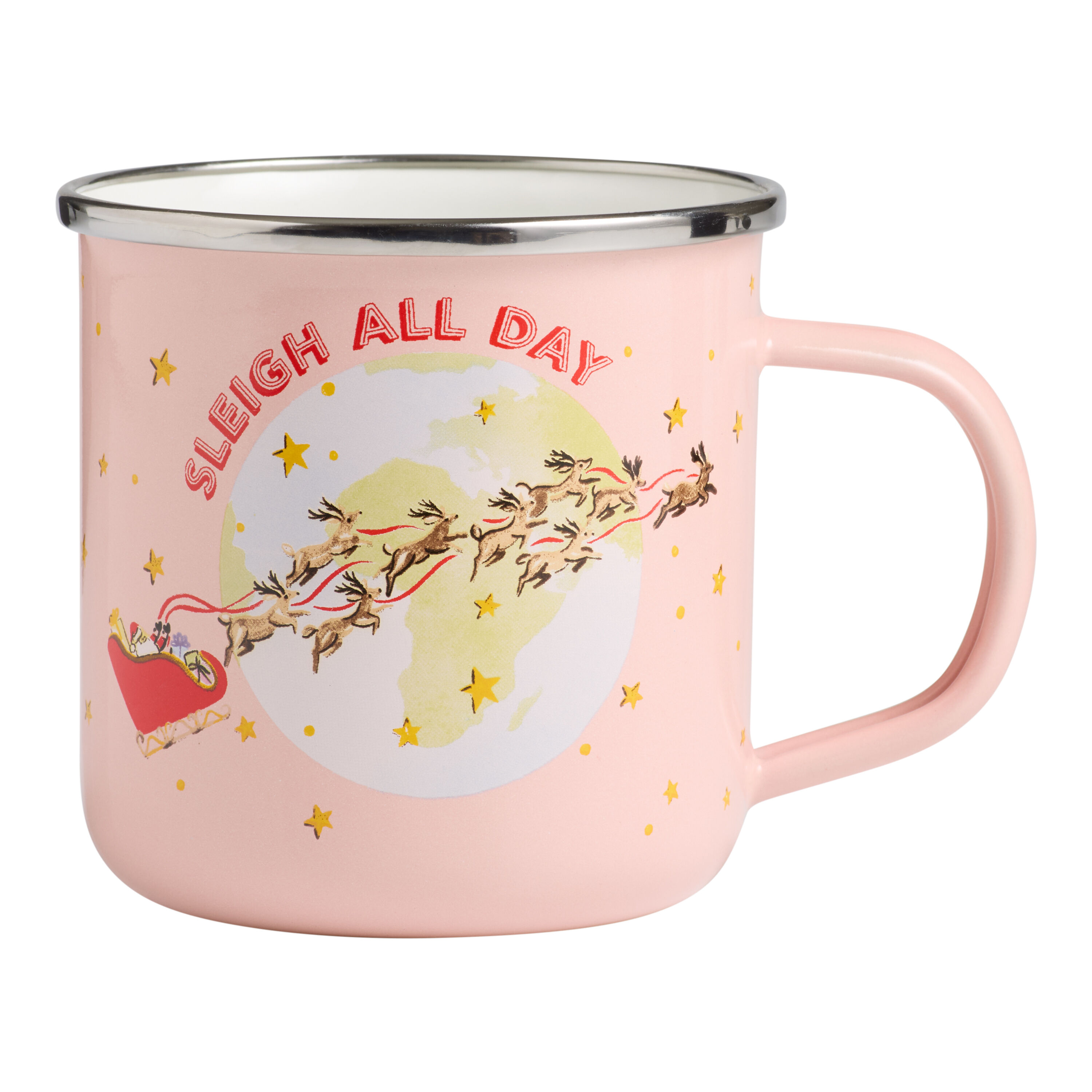 Pink and Red Santa Sleigh All Day Enameled Steel Mug image number 0