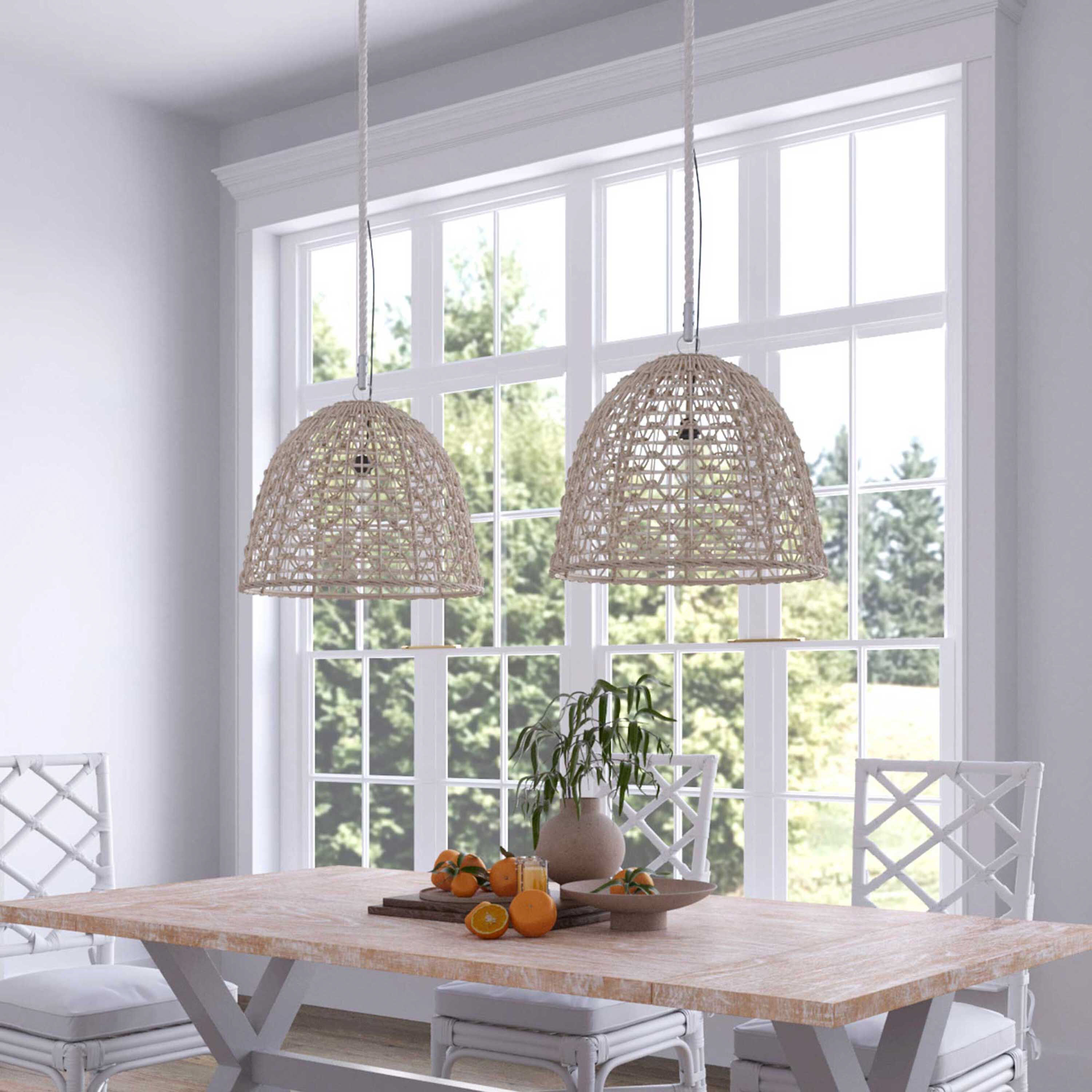 Luna Whitewash Geometric Open Weave Abaca Pendant Lamp by World Market