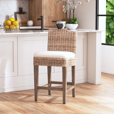 Bea Light Gray Rattan and Teak Counter Stool with Cushion Bea Light Gray Rattan and Teak Counter Stool with Cushion