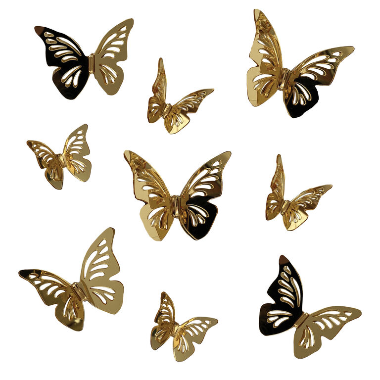 Gold Mirrored 3D Butterfly Peel and Stick Wall Decals 10 Piece