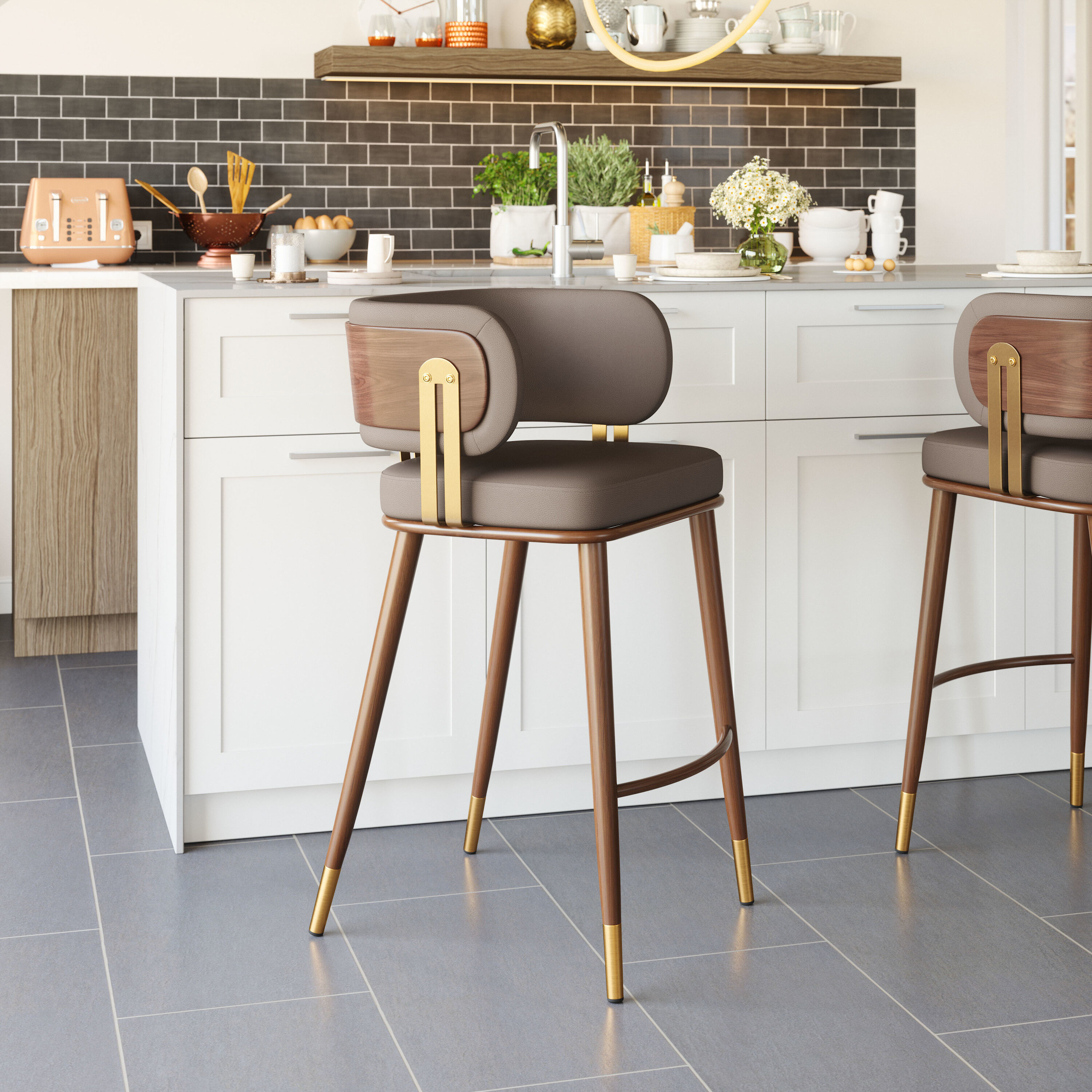 Rialto Walnut Metal and Faux Leather Upholstered Barstool