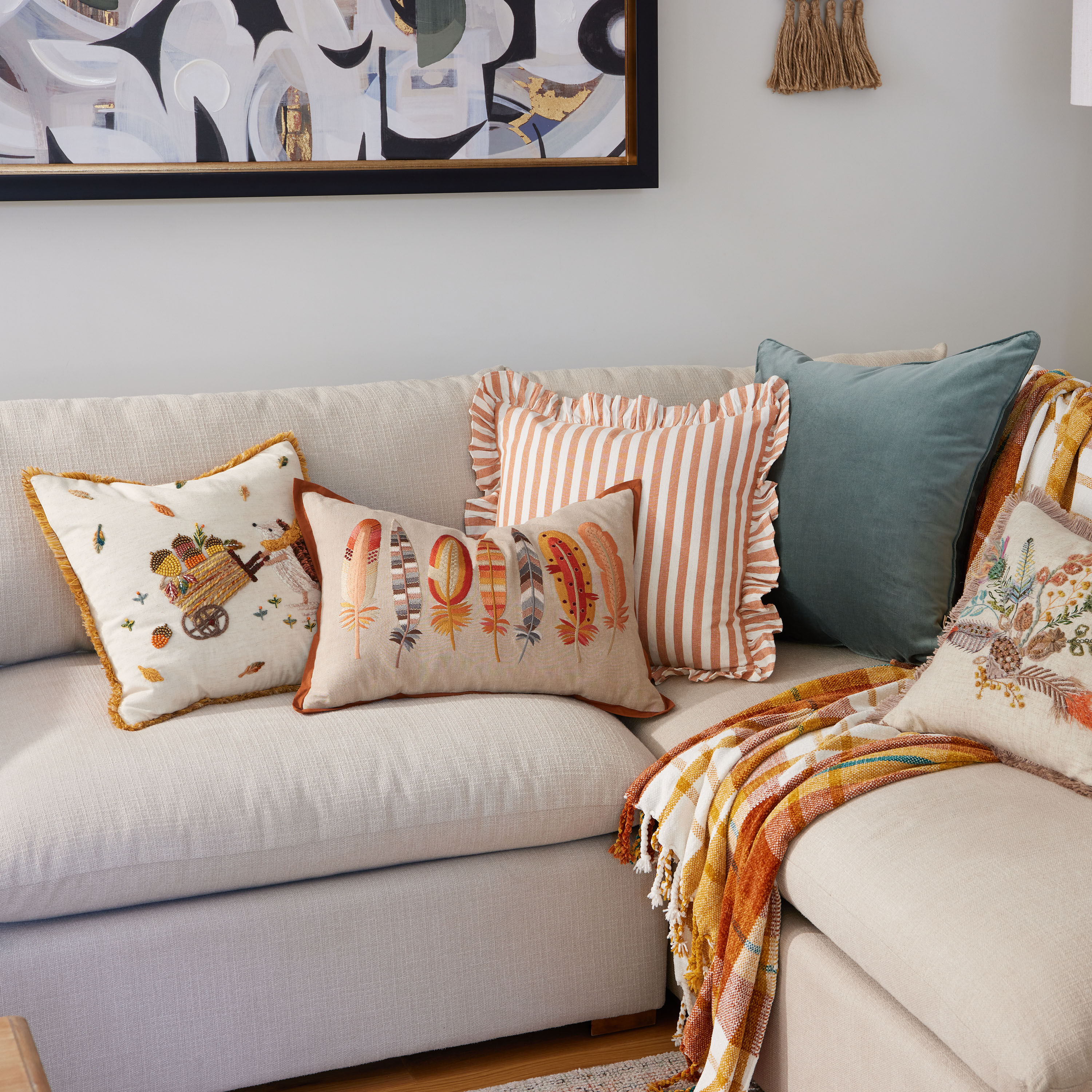 Multicolor Embroidered Feathers Lumbar Pillow World Market