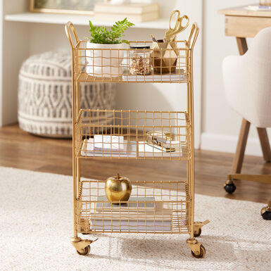 Antonia Gold Wire Basket 3 Tier Rolling Cart Antonia Gold Wire Basket 3 Tier Rolling Cart