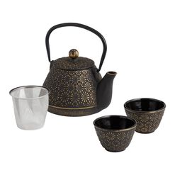 Black and Gold Cast Iron Infuser Teapot and Cups 3 Piece Set
