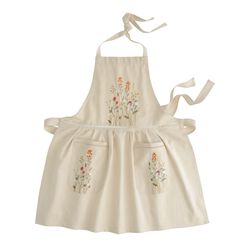 Natural Embroidered Floral Apron with Lace Trim