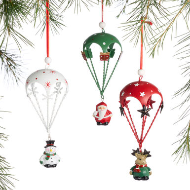 Metal Christmas Character Parachute Ornaments Set of 3 Metal Christmas Character Parachute Ornaments Set of 3