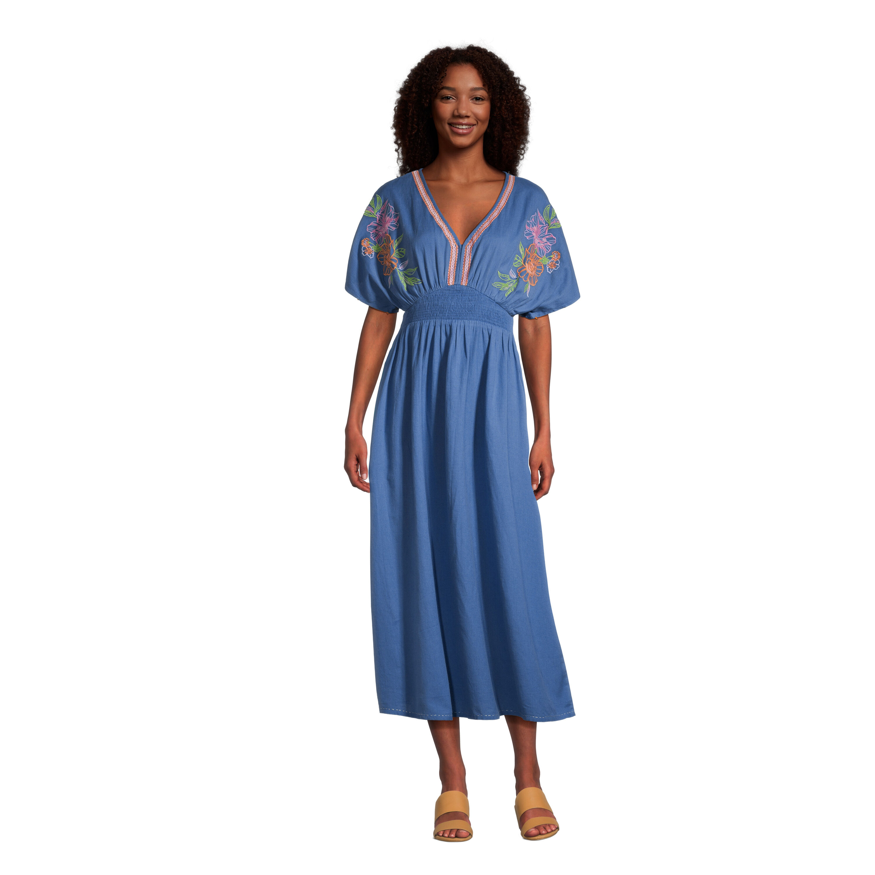 Mira Blue Floral Embroidered Kaftan Dress with Pockets