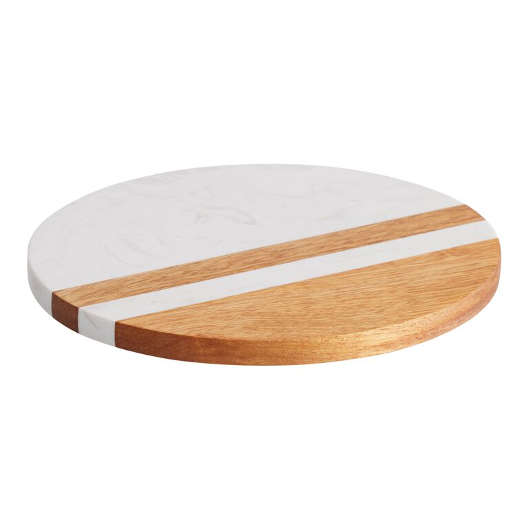 Large Round White Marble and Wood Paddle Cutting Board by World Market