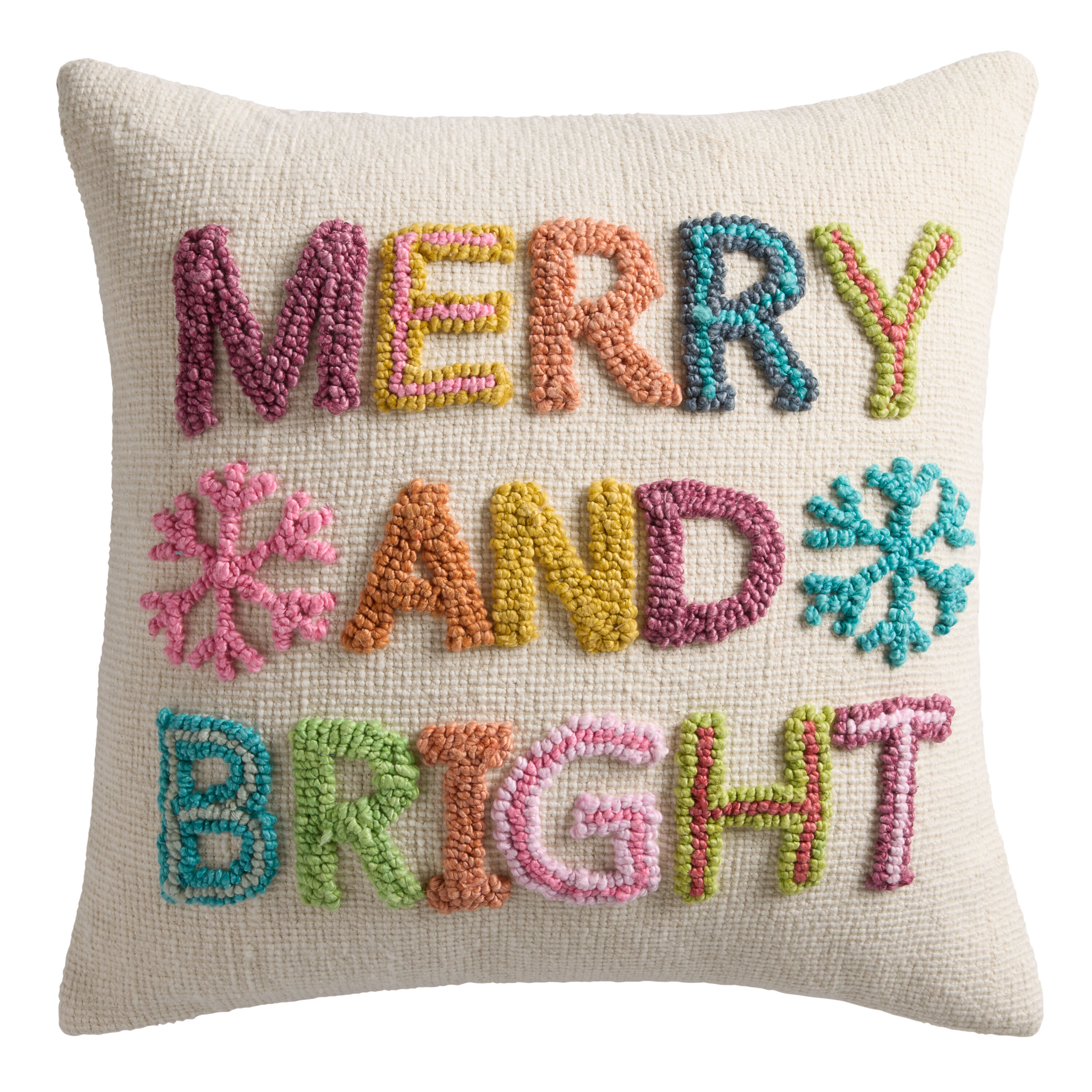 Ivory Multicolor Tufted Merry And Bright Throw Pillow