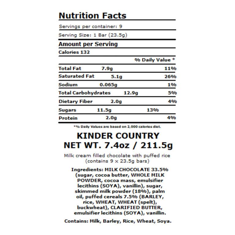 Kinder Country Milk And Cereal Chocolate Bar 9 Pack image number 2