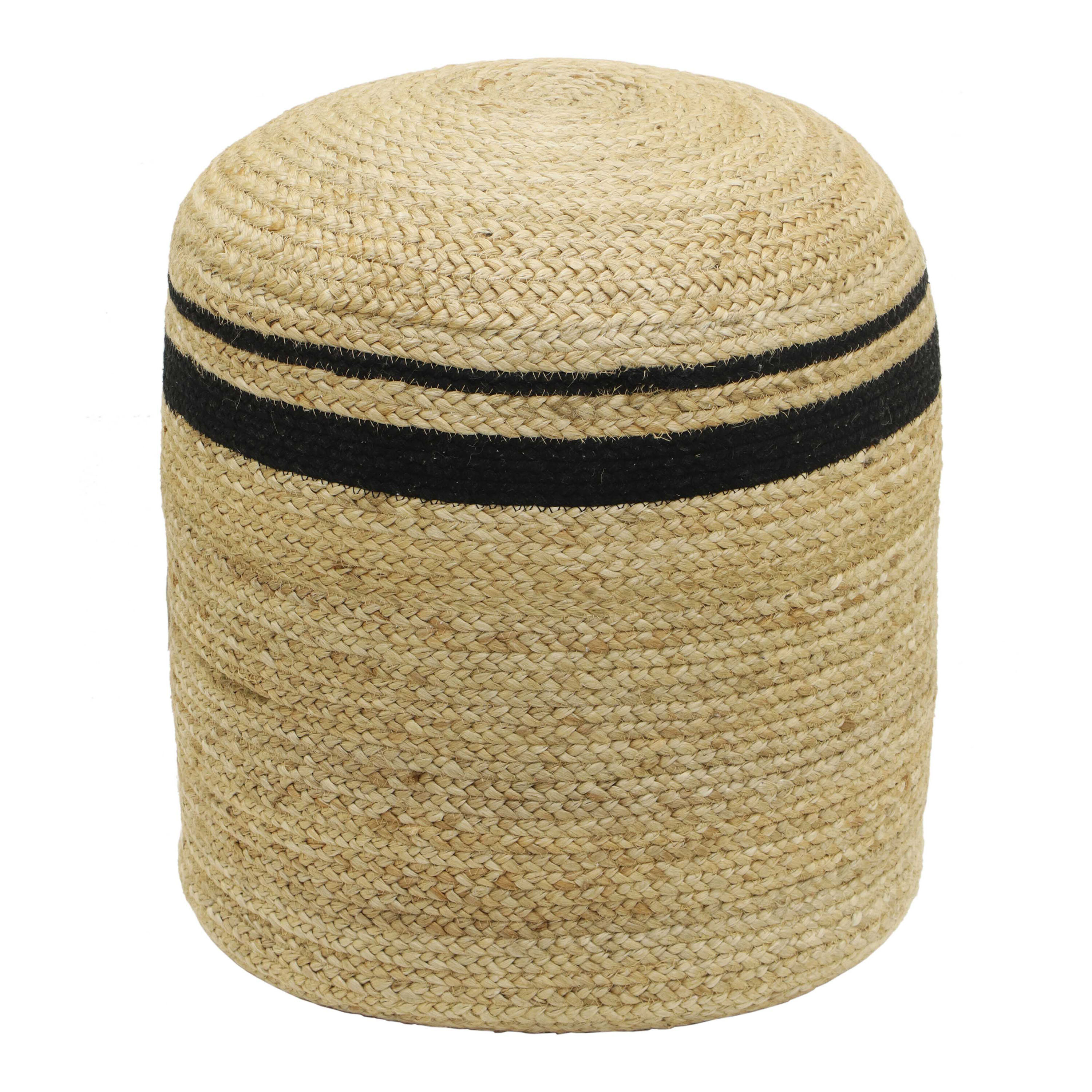 Round Natural and Black Stripe Jute and Cotton Ottoman