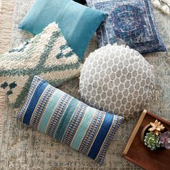 Blue Woven Stripe Indoor Outdoor Lumbar Pillow