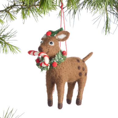 Wool Deer with Candy Cane Ornament Wool Deer with Candy Cane Ornament