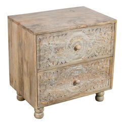 Burdett Natural Carved Wood End Table with 2 Drawers