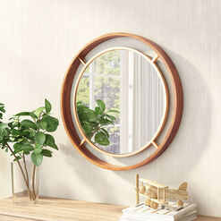 Round Pine Wood and Gold Metal Wall Mirror