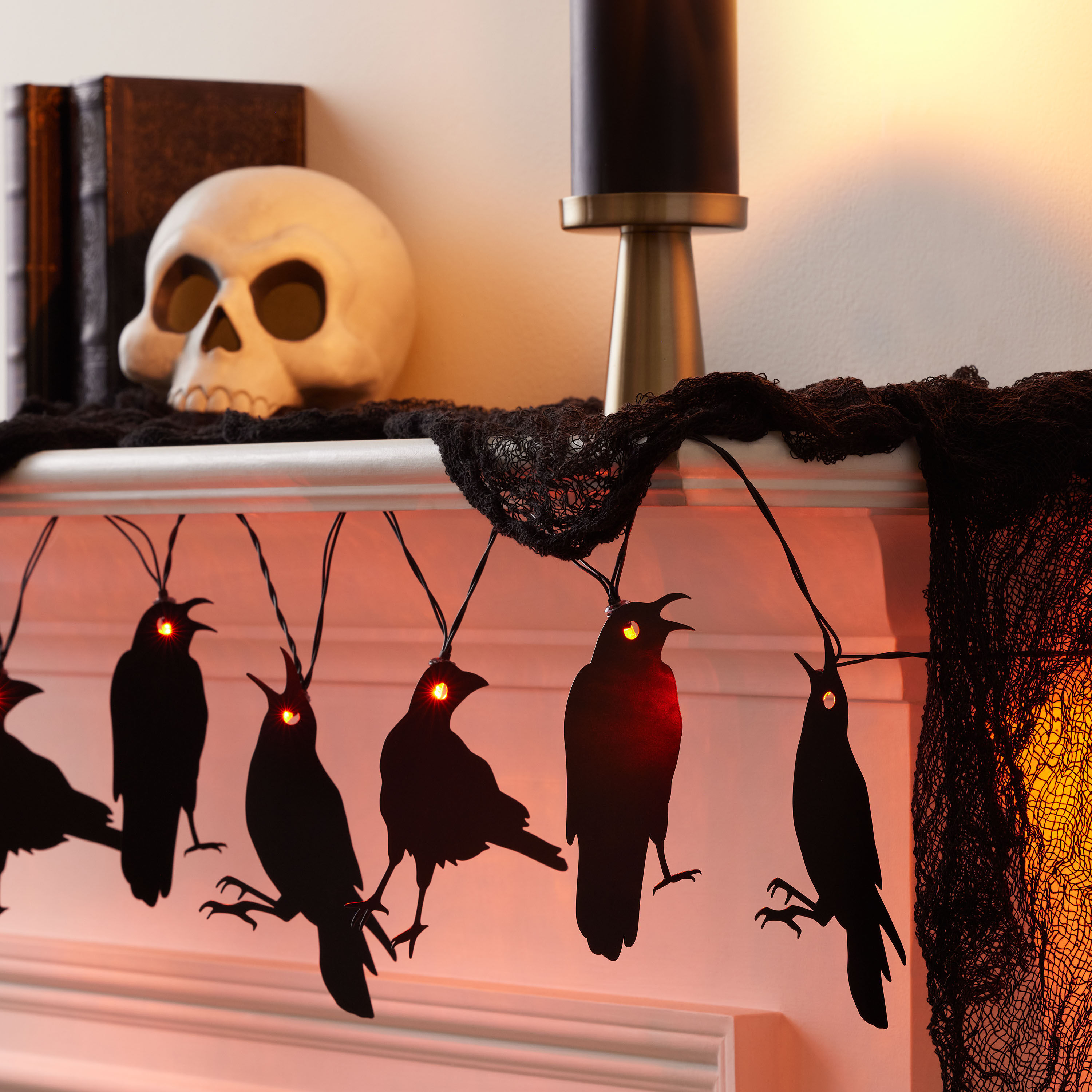 Black Metal Crow LED 10 Bulb Battery Operated String Lights