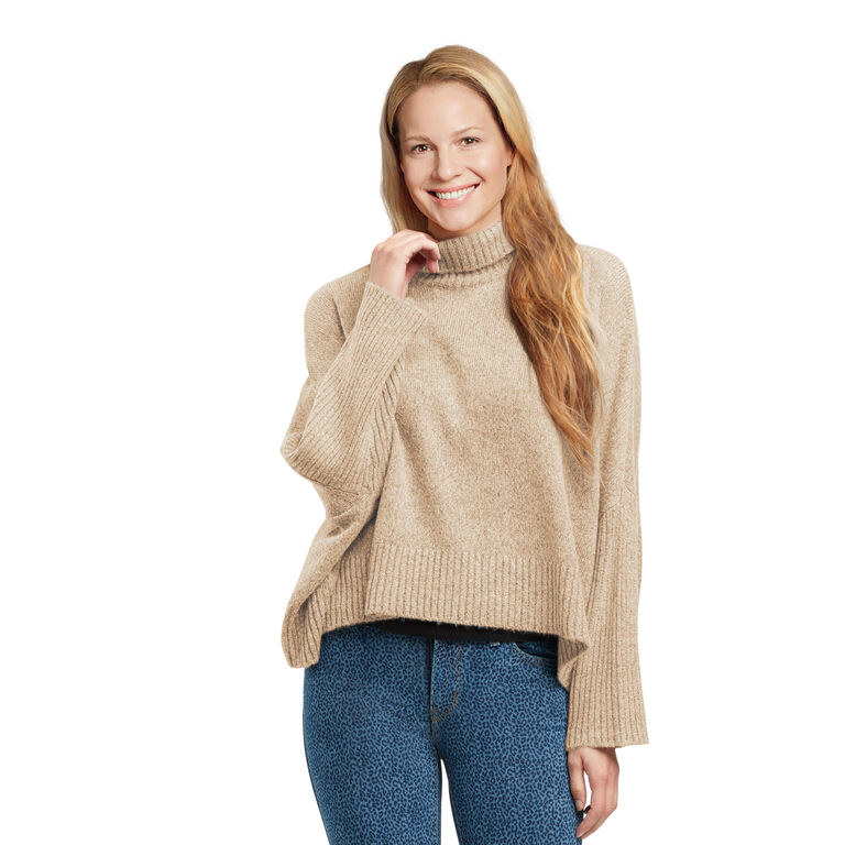 Tan Recycled Yarn Ribbed Knit Funnel Neck Sweater - World Market