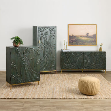 CRAFT Teal Carved Wood Peacock Storage Furniture Collection CRAFT Teal Carved Wood Peacock Storage Furniture Collection