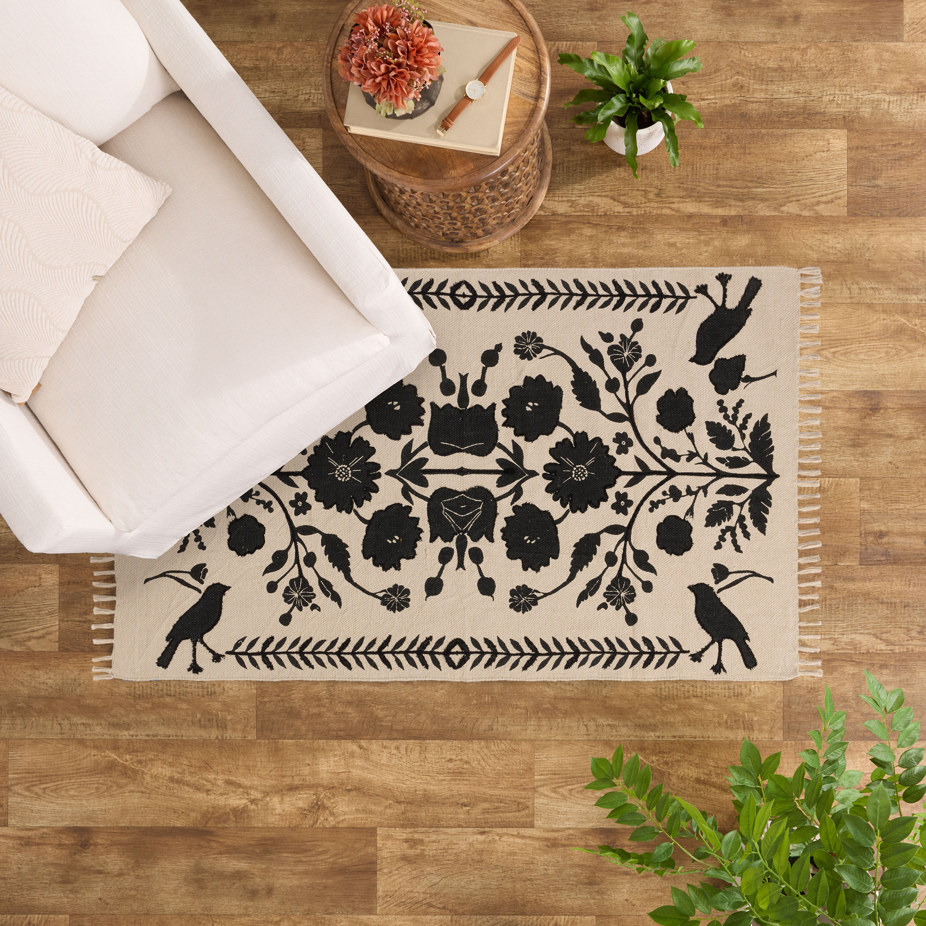 Raven Black Floral Print Embroidered Cotton Area Rug