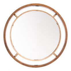 Round Pine Wood and Gold Metal Wall Mirror