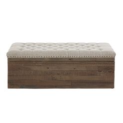 Serena Gray Upholstered Carved Wood Storage Ottoman